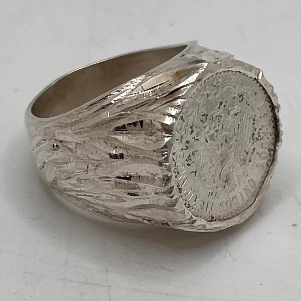 Vintage Sterling Silver Brutalist Mexican 1943 20 Centavos Coin Signet Ring 10.5